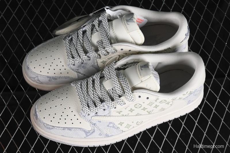 Nike Air Jordan 1 Low OG SP Travis Scott x Fragment Design LV Washed Blue Denim Casual Sneakers - SJ2068-007
