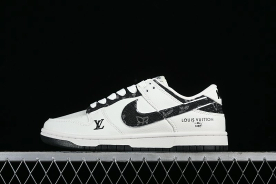 Nike SB Dunk Low LV Collaboration - Beige Black Denim Floral Anniversary High-End Custom Low-Top Casual Skate Shoes - XB3802-358