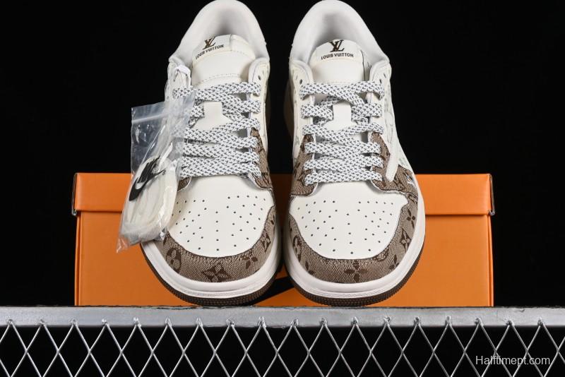 Nike Travis Scott x Fragment Design x Jordan Air Jordan 1 Low OG SP AJ1 LV Light Brown Print Casual Sneakers - SJ2068-102