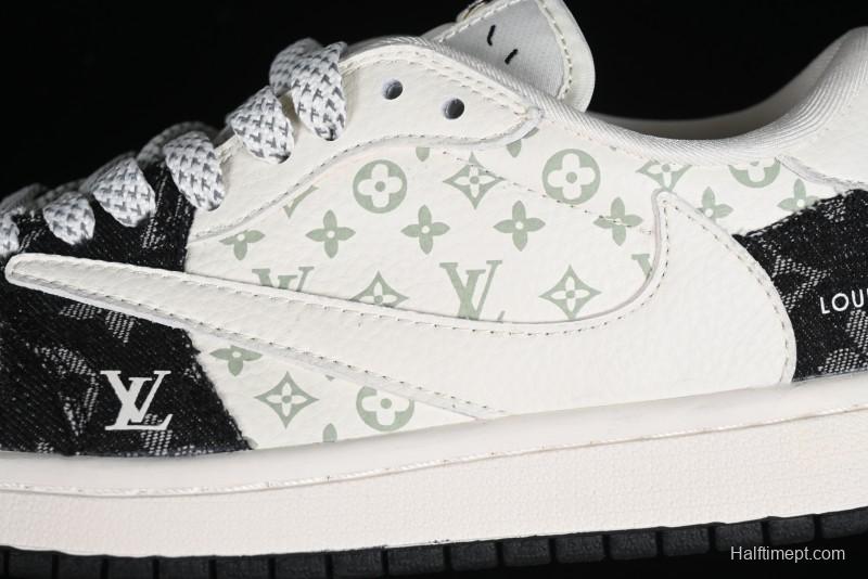 Nike Travis Scott x Fragment Design x Jordan Air Jordan 1 Low OG SP AJ1 LV Black Denim Print Low-Top Casual Sneakers - SJ2068-008