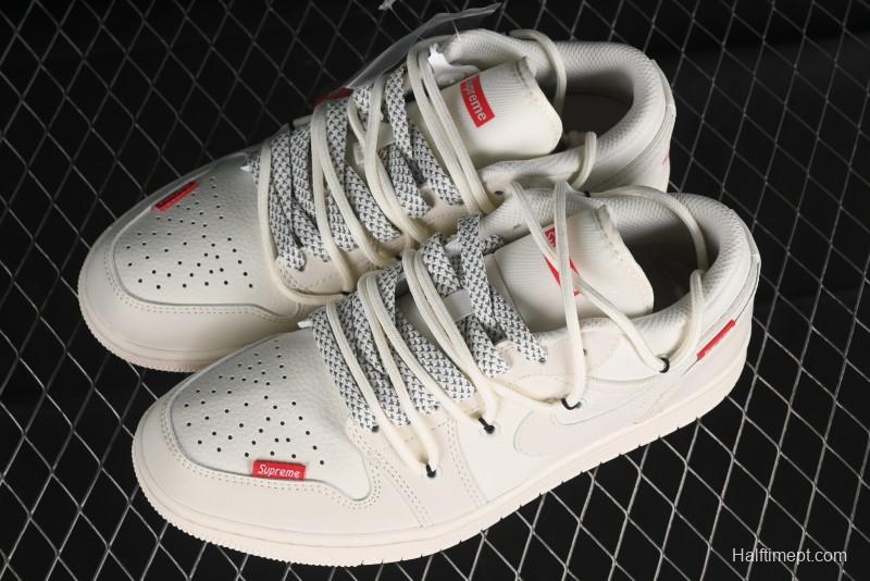 Nike Air Jordan 1 Low Supreme Collaboration - Retro Basketball Shoes in Off-White Red with Small Logo - SJ9950-017