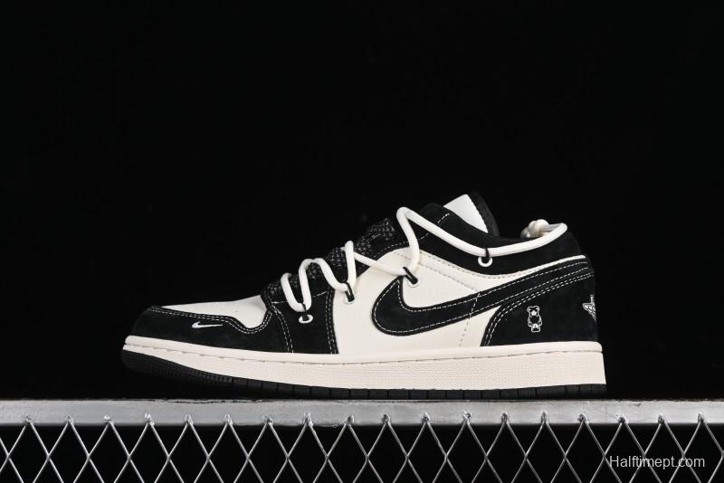 Nike Air Jordan 1 Low AJ1 x Violent Bear Collaboration - Black Beige Mark Line Custom Retro Basketball Shoes - SJ9950-013