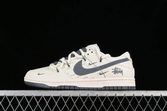 Stussy x Nike Dunk Low SB Sneakers in Off-White and Gray with Stussy S Titanium Accessory - SJ2068-275