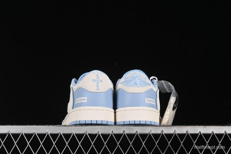 Nike Travis Scott x Fragment Design x Air Jordan 1 Low OG SP AJ1 Supreme Collaboration - White Blue Lettering Low Top Casual Sneakers - XY2688-116