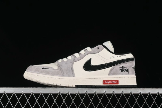Nike Air Jordan 1 Low Stussy Collaboration - Grey Black Red Label Retro Basketball Shoes - SJ9950-034