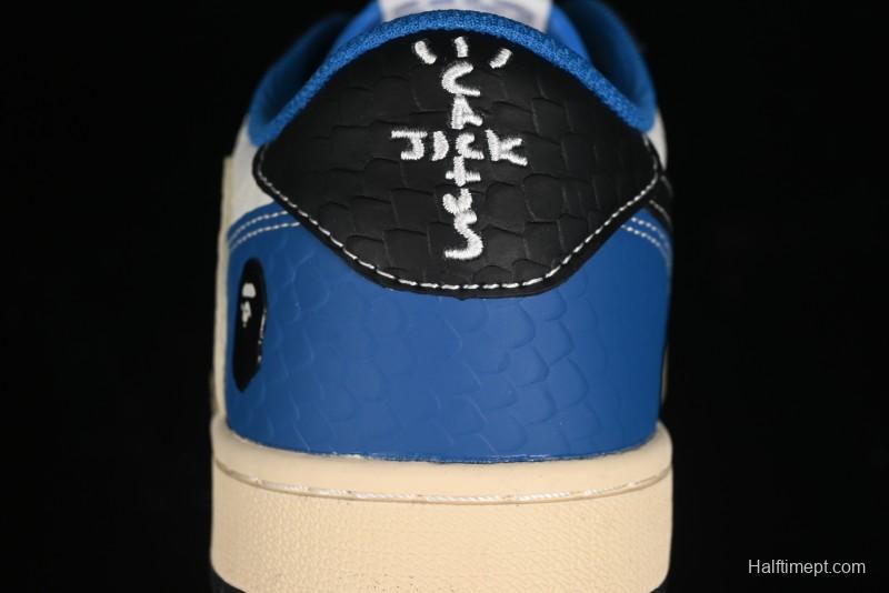 Nike Travis Scott x Fragment Design x Air Jordan 1 Low OG SP AJ1 Bape Collaboration - Crocodile Leather Black White Blue Low Top Casual Sneakers - XZ2828-001