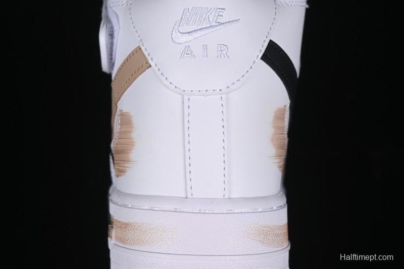 Nike Air Force 1 '07 Mid Hand-Painted White Black Brown with Swoosh Shadow Strap Mid-Top Casual Sneakers - CW2289-111