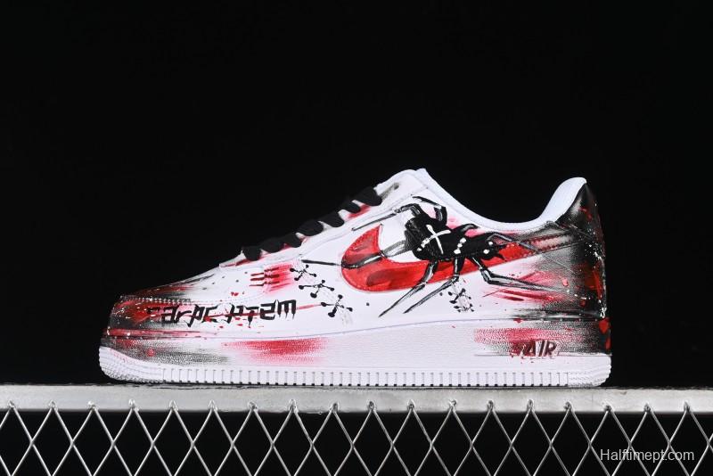 Nike Air Force 1 '07 Low Casual Sneakers with 2D Black and White Hand-Painted Blood Night Stitching Design - CW8822-011