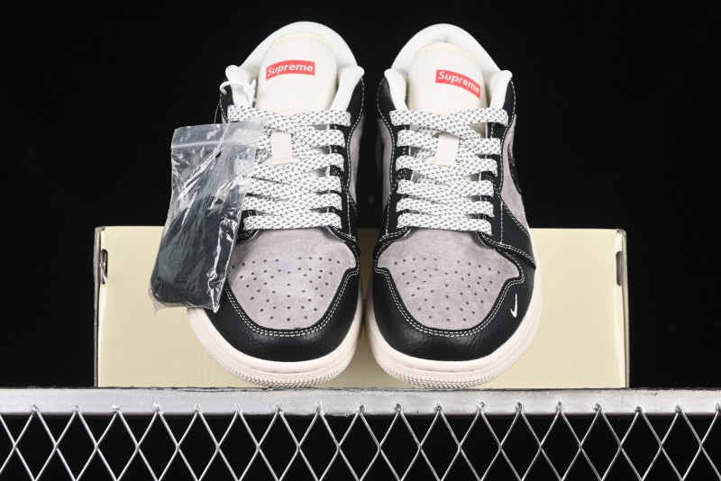 Nike Air Jordan 1 Low Supreme Collaboration - Black Grey Pigskin Two-Tone High-End Custom Retro Basketball Shoes - SJ9950-032