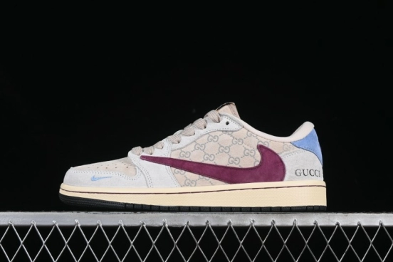 Nike Travis Scott x Fragment Design x Air Jordan 1 Low OG SP AJ1 Gucci Collaboration Low-Top Casual Sneakers with Pink Swoosh - CH6336-019