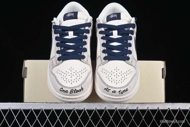Nike SB Dunk Low Stussy Collaboration Embroidered Navy Swoosh Anniversary Custom Low-Top Casual Sneakers - MM1089-032