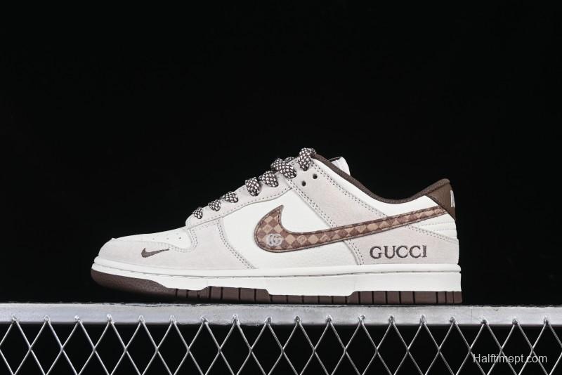 Nike SB Dunk Low Gucci Collaboration Monogram Beige Brown Swoosh Anniversary Custom Low-Top Casual Skate Shoes - DJ2024-059