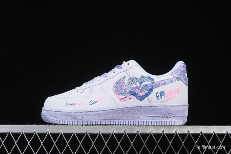 Nike Air Force 1 '07 Low Double Hearts Casual Sneakers with Hand-Drawn Anime Doodle and Pink Blue Hearts - CZ0377-002