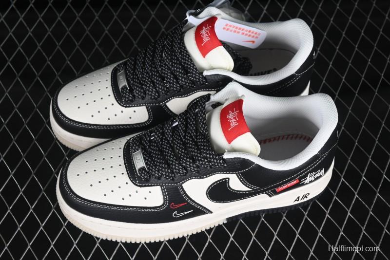 Nike Air Force 1 '07 Low Stussy Supreme Collaboration Dual-Tone Black Red Logo Low-Top Casual Sneakers - HH7518-043