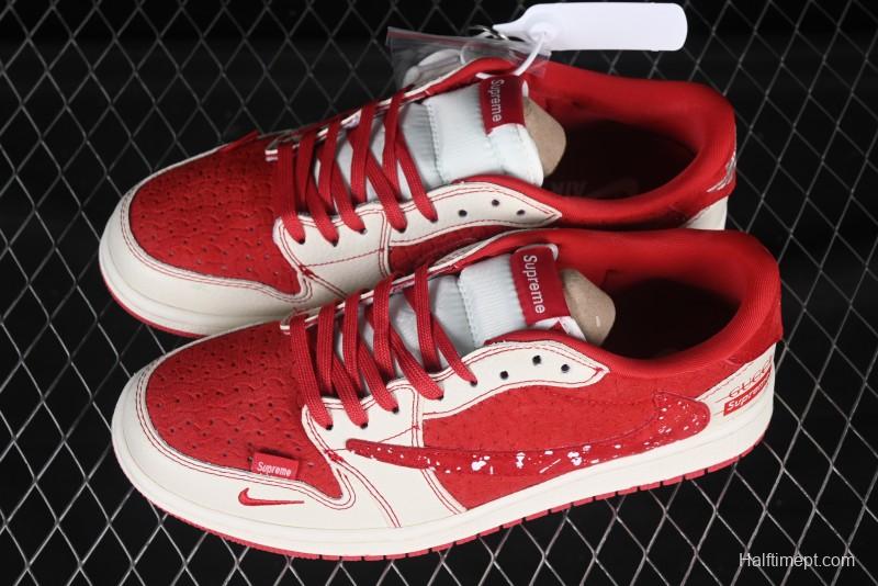 Nike Travis Scott x Fragment Design x Air Jordan 1 Low OG SP AJ1 Collaboration Woven China Red Low-Top Casual Sneakers - XS2024-040