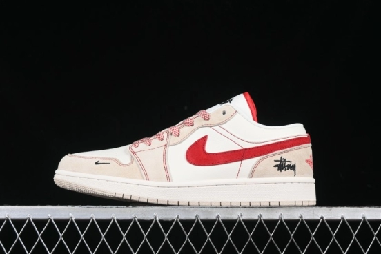 Nike Air Jordan 1 Low Stussy Collaboration Khaki Red Hook Retro Basketball Shoes - SJ9950-040