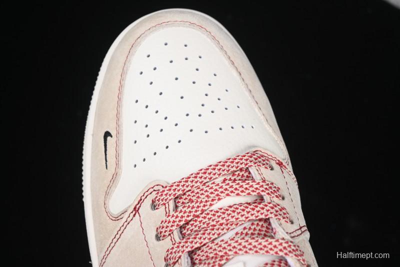 Nike Air Jordan 1 Low Stussy Collaboration Khaki Red Hook Retro Basketball Shoes - SJ9950-040