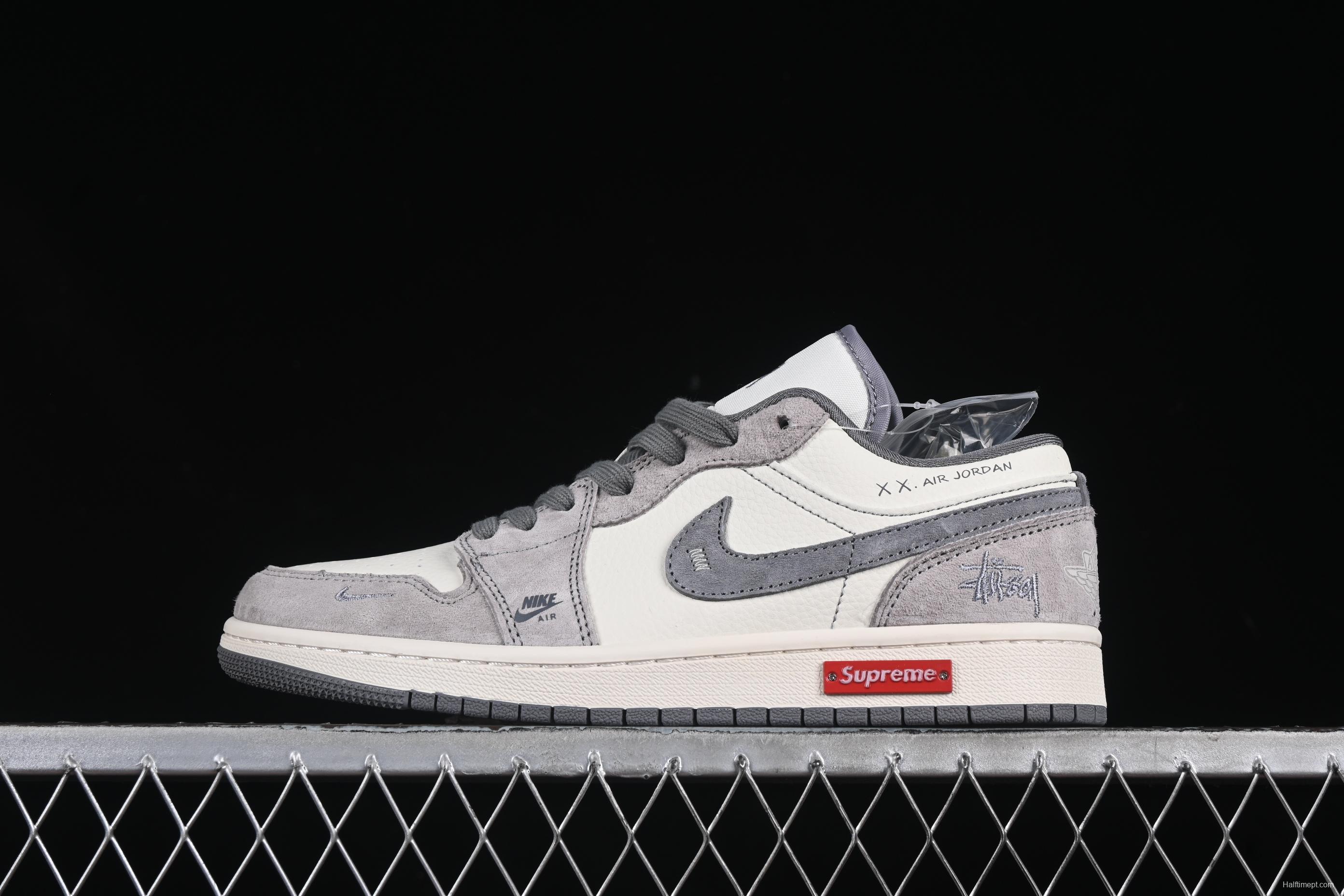 Nike Air Jordan 1 Low Stussy Collaboration Retro Basketball Shoes with Metallic Logo - SJ9950-053