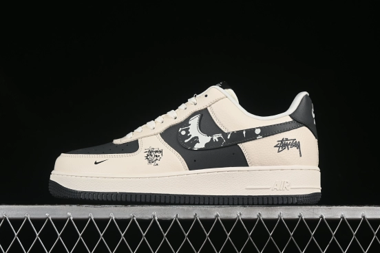 Nike Air Force 1 '07 Low Stussy Collaboration Beige Black Splatter Swoosh Casual Sneakers - DF0188-042