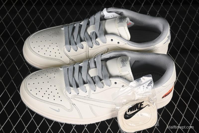 Nike Travis Scott x Fragment Design x Air Jordan 1 Low OG SP AJ1 Stussy Collaboration Light Grey Flame Low-top Casual Sneakers - ZH2598-228