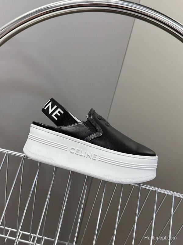 2025 Women CELINE Black White Leather Slip-On Sneakers LY00280