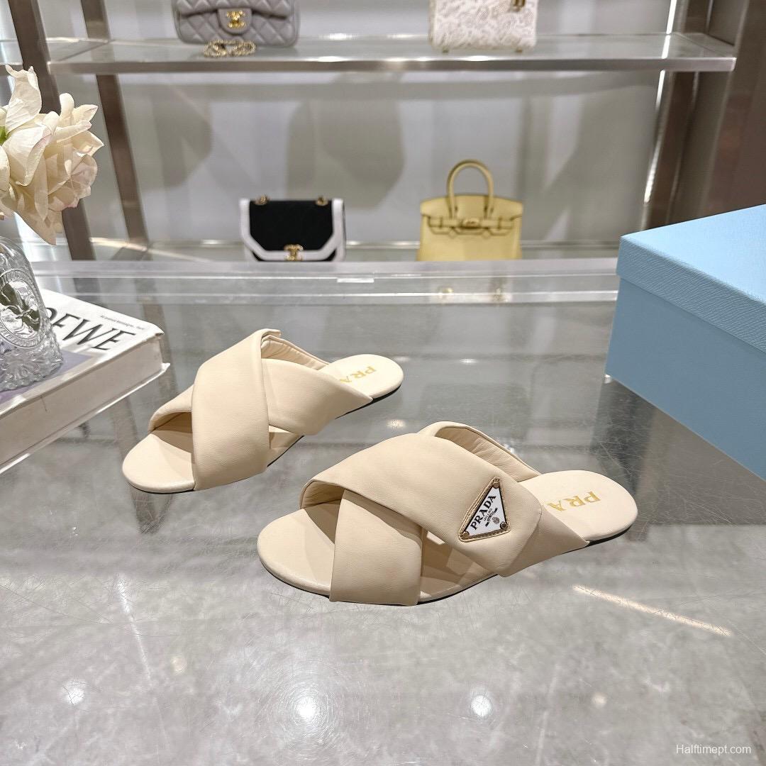 2025 Women Prada Cream Leather Slippers