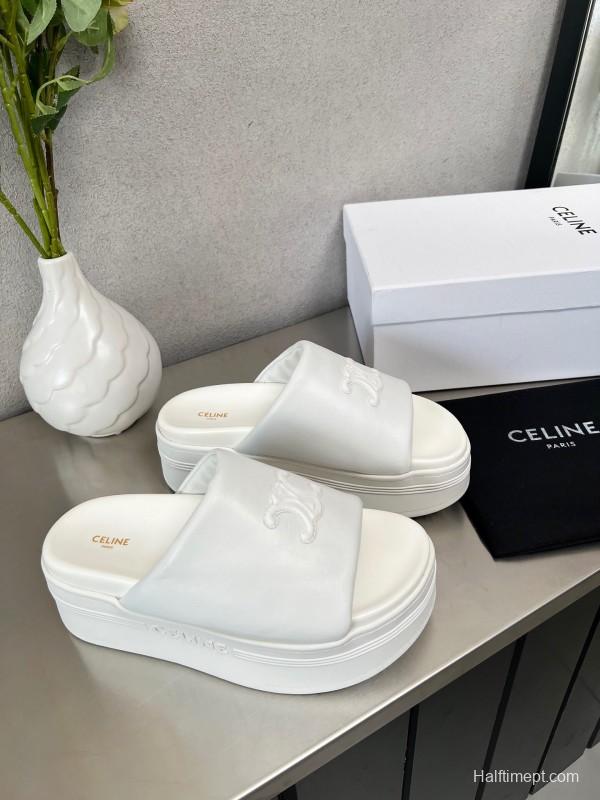 2025 Slippers Celine White Leather Platform Embossed LY00240
