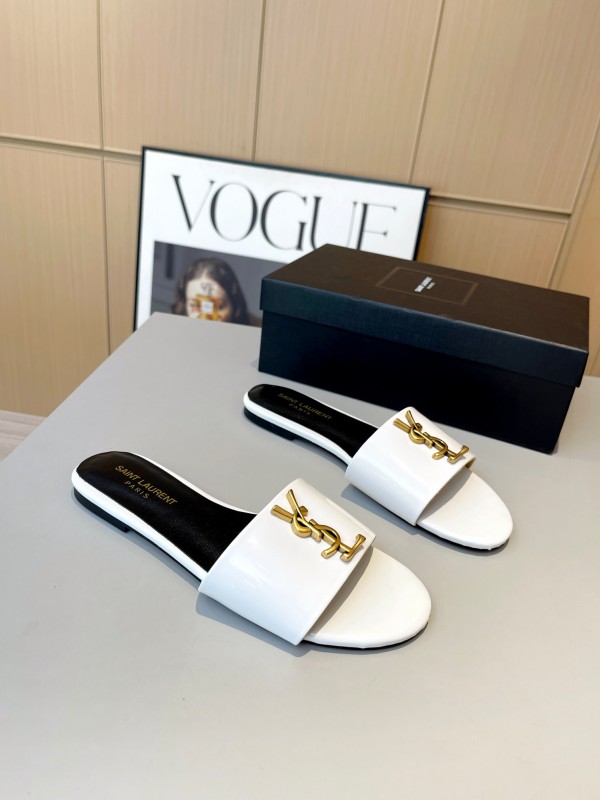 2025 Women Yves Saint Laurent White Leather Slippers LY00180