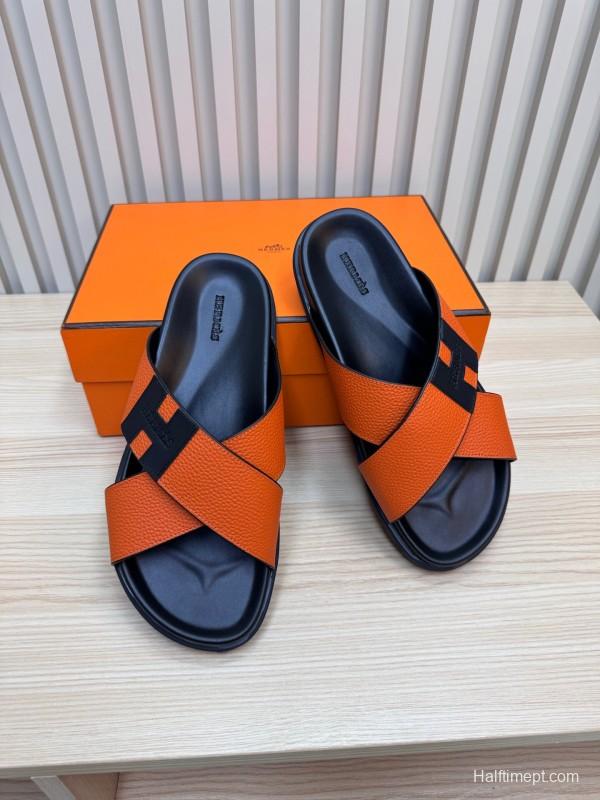 2025 Slippers Hermès Orange Black Leather Slippers
