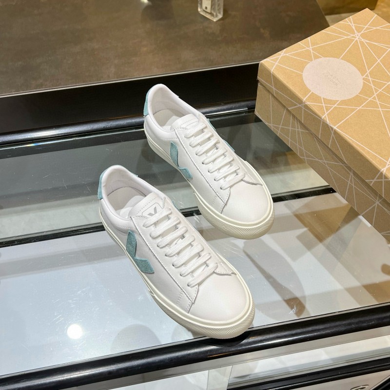 2025 Unisex VEJA White Blue Leather Canvas Sneakers Vulcanized MJ00240