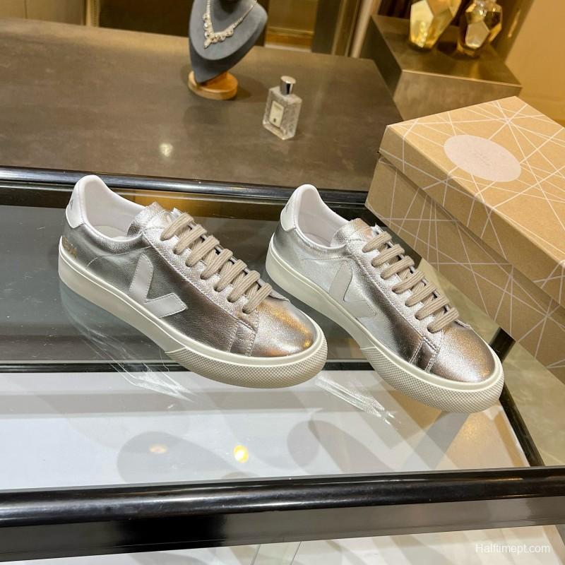 2025 Unisex VEJA Silver Leather Canvas Vulcanized Sneakers MJ00240