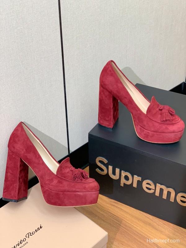 2025 Women Gianvito Rossi Red Suede Platform Loafers Tassel KFY00330