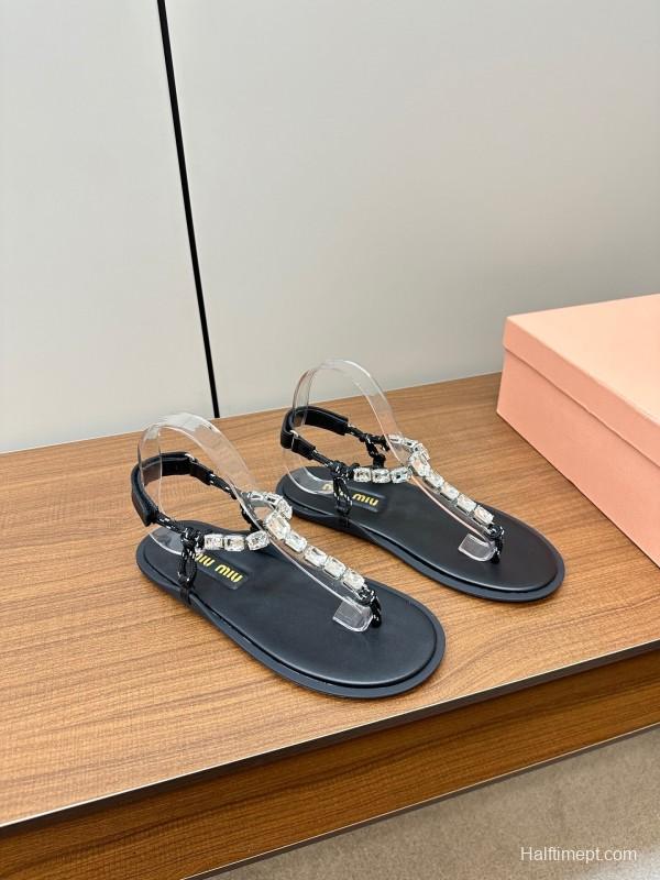 2025 Women Miu Miu Black Leather Rhinestone Sandals LY