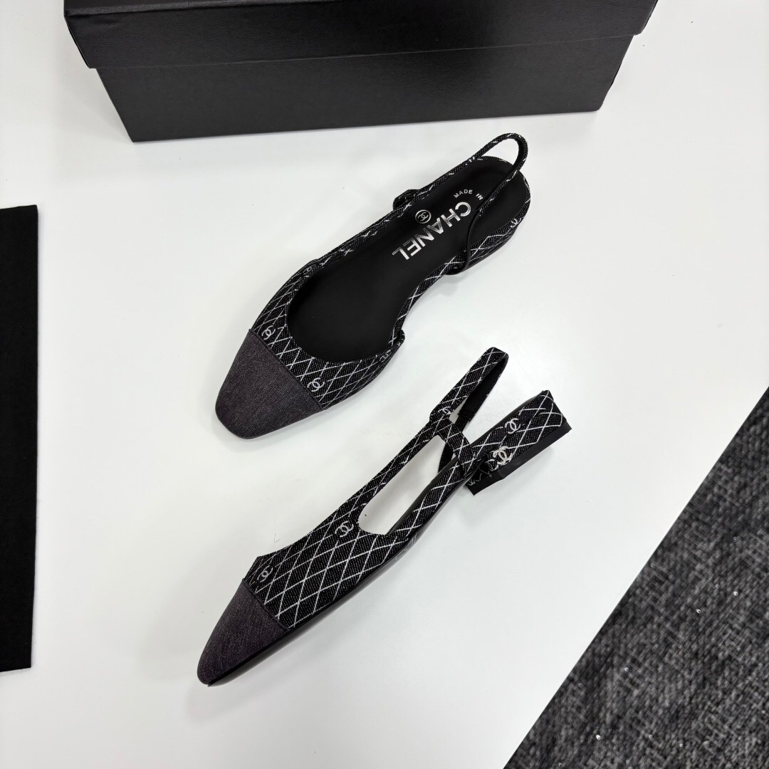 2025 Women Chanel Black White Fabric Leather Slingback LY00240