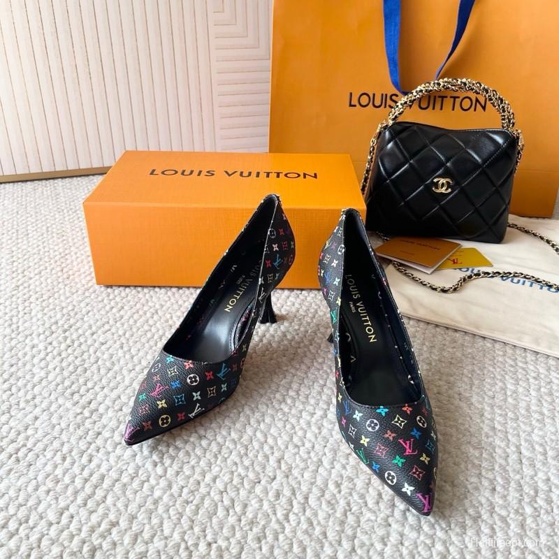 2025 Women Louis Vuitton Multicolor Canvas Leather Pumps