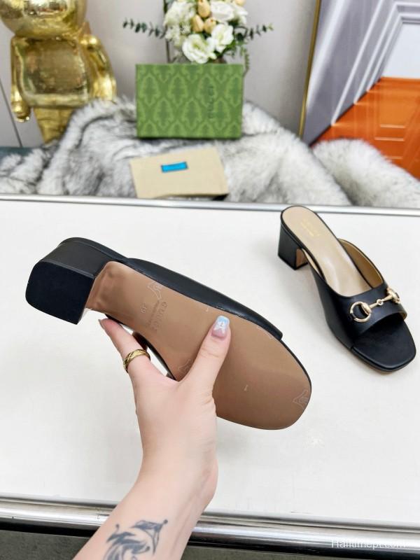 2025 Women Gucci Black Leather Mules Classic Buckle MJ00180