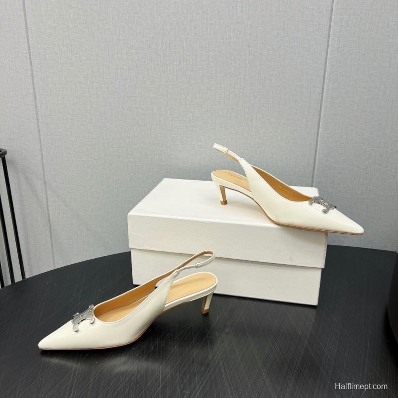 2025 Women Celine White Patent Leather Kitten Heel Pointed Toe Trimed KFY00290