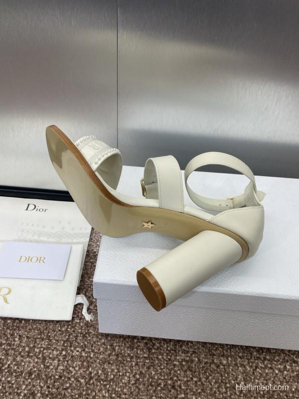 2025 Women Dior White Calfskin Leather Embroidered Sandals KFY00320