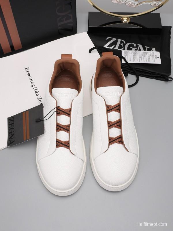 2024 Men Ermenegildo Zegna White Brown Leather Sneakers MJ00240