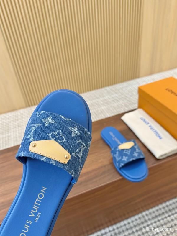 2025 Women Louis Vuitton Blue Denim Leather Slippers LY00200