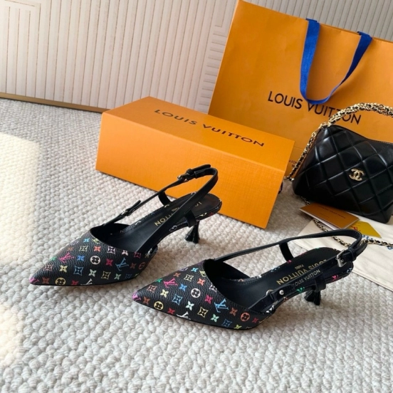 2025 Women Louis Vuitton Multicolor Canvas Leather Slingback Heels KFY00300