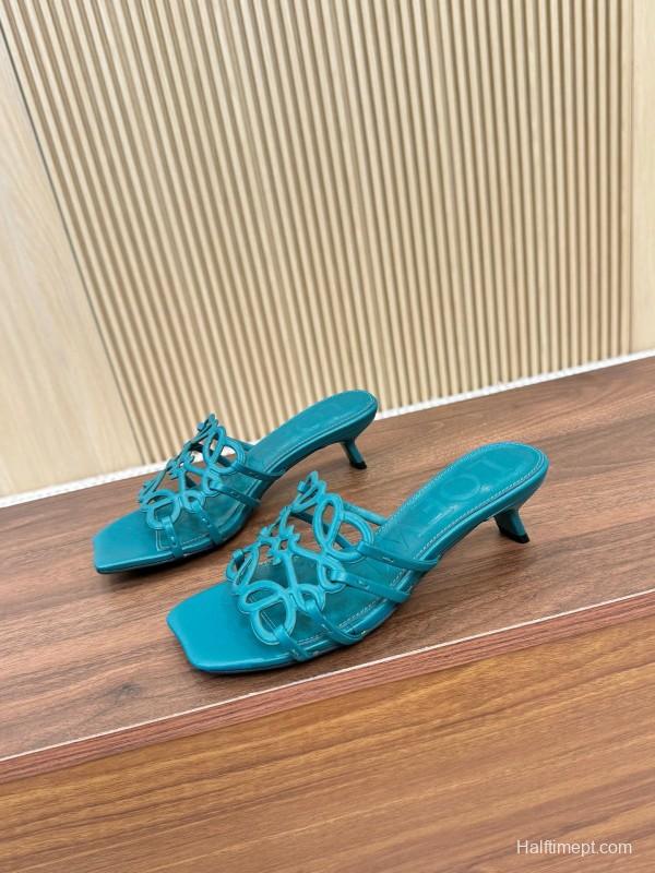 2025 Women Loewe Turquoise Leather Heeled Sandals LY00250