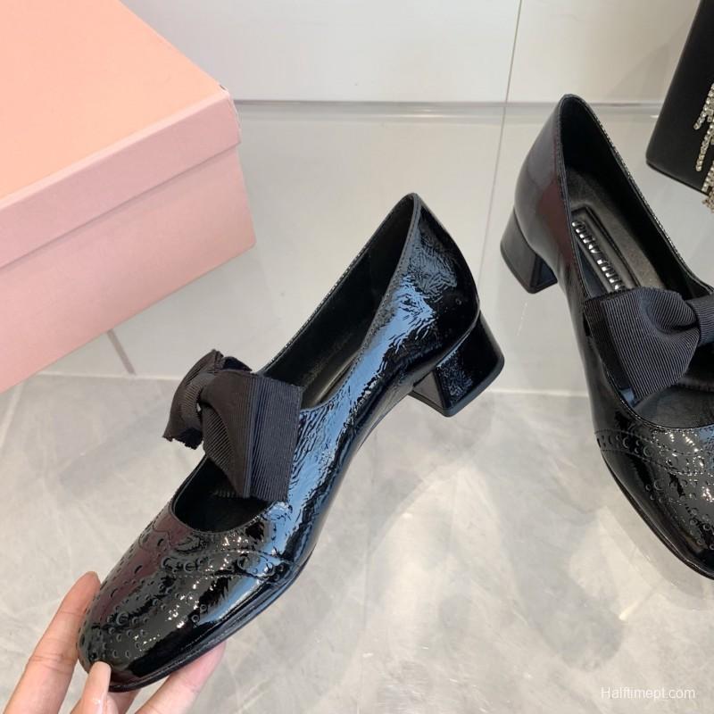 2025 Women Miu Miu Black Patent Leather Mary Jane Bow KFY00280