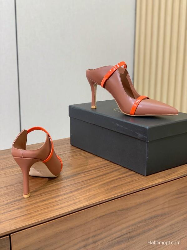 2025 Women Malone Souliers Brown Orange Leather Patent Leather Mid Heel Pumps