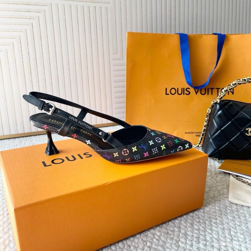 2025 Women Louis Vuitton Multicolor Canvas Leather Slingback Heels KFY00300