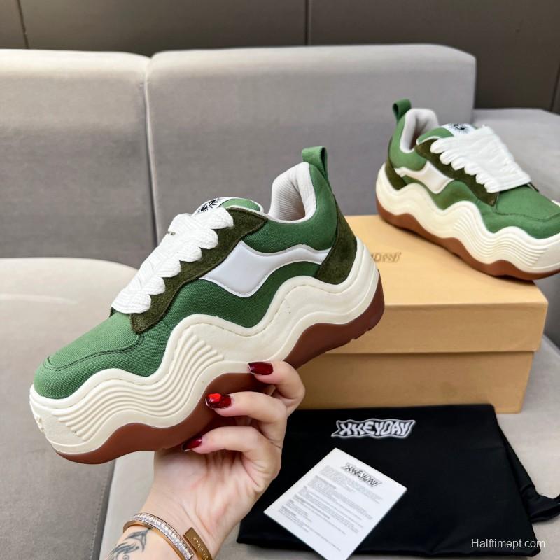2025 Unisex HEYDAY Green White Canvas Leather Wave Sneakers KFY00260