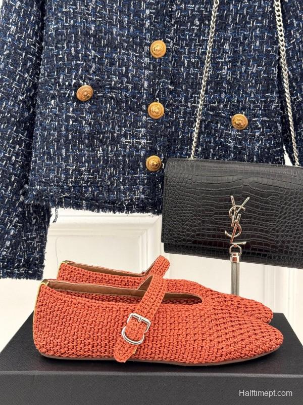 2025 Women AlAIA Orange Knitted Leather Mary Jane KFY00310