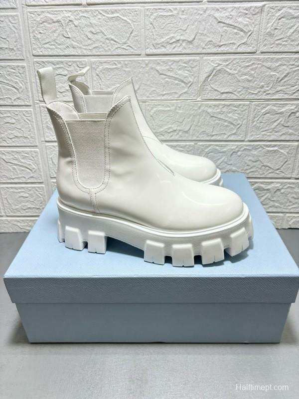 2024 Women Prada White Leather Chelsea Boots MJ00380