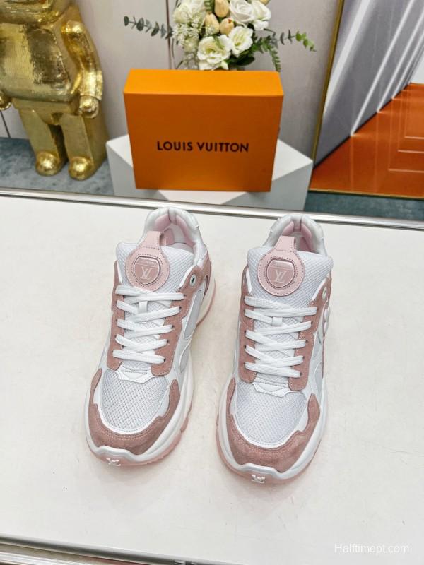 2025 Women Louis Vuitton White Pink Suede Mesh Sneakers LY00340