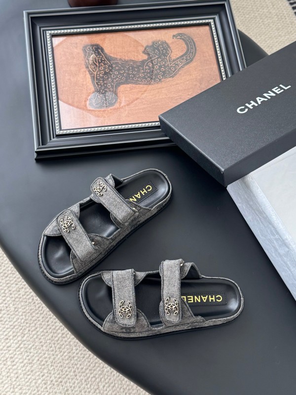 2025 Women Chanel Grey Fabric Leather Sandals Magic Tape LY00310